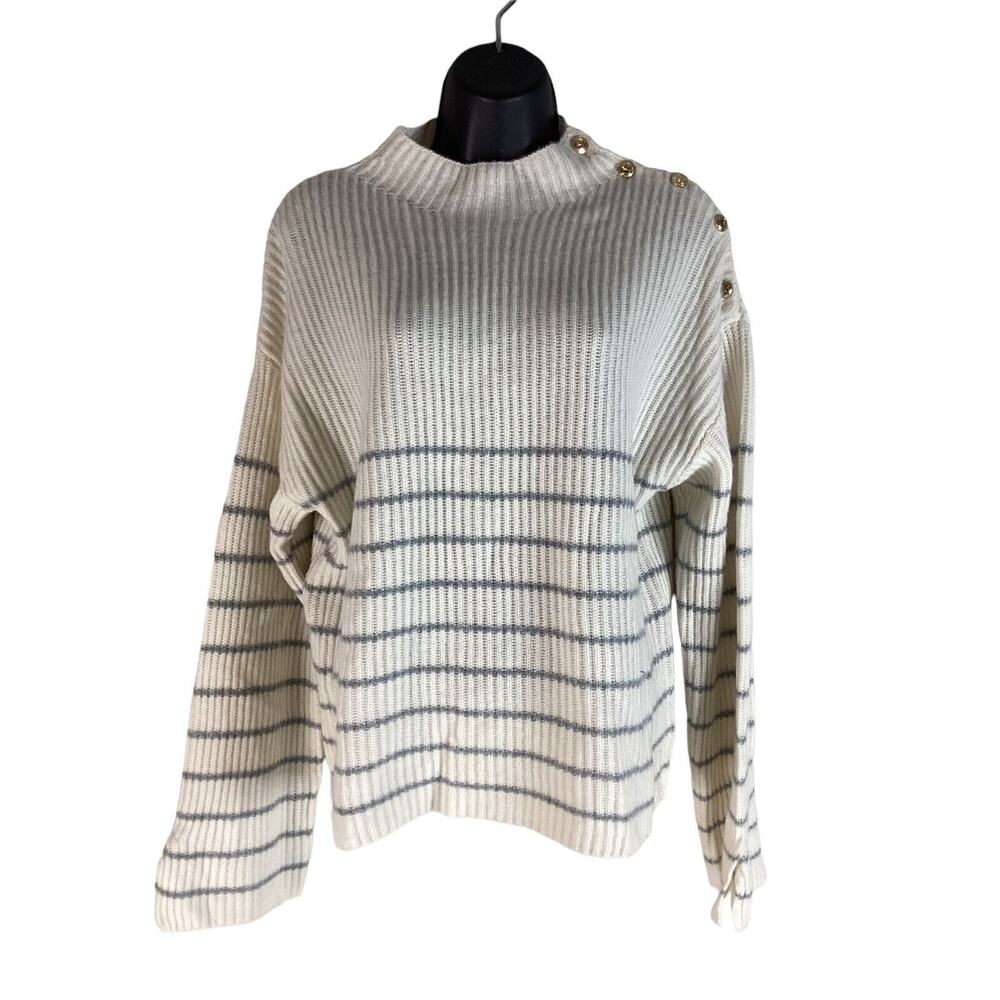 NWT Elie Tahari Cashmere Sweater Ribbed Ivory Gray Stripes Mock Neck L $395